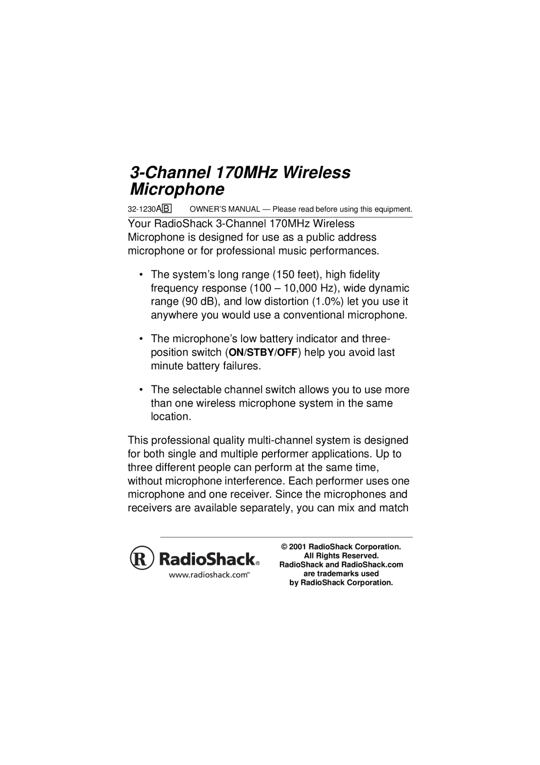 Radio Shack 32-1230A specifications Channel 170MHz Wireless Microphone 