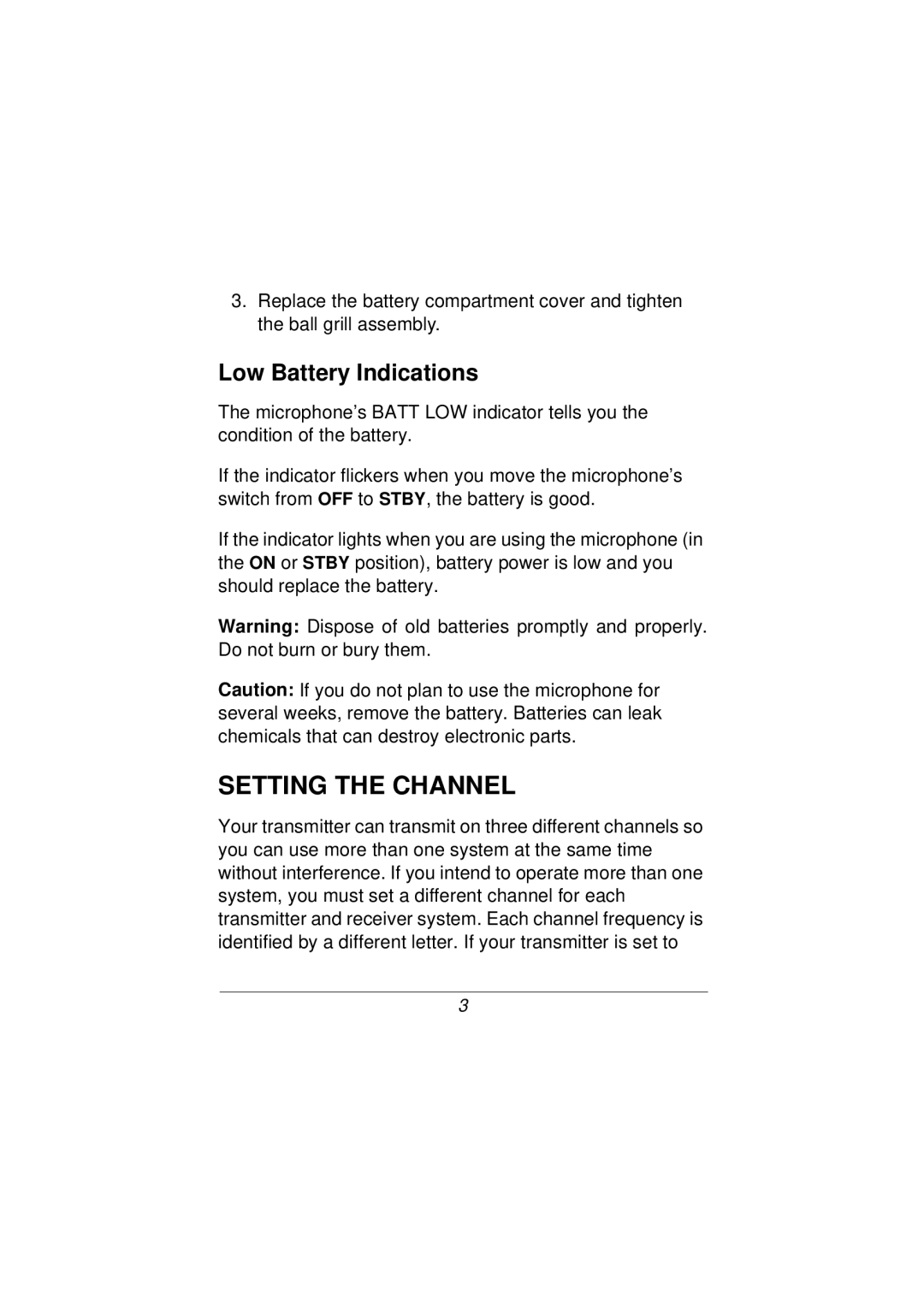 Radio Shack 32-1230A specifications Setting the Channel, Low Battery Indications 