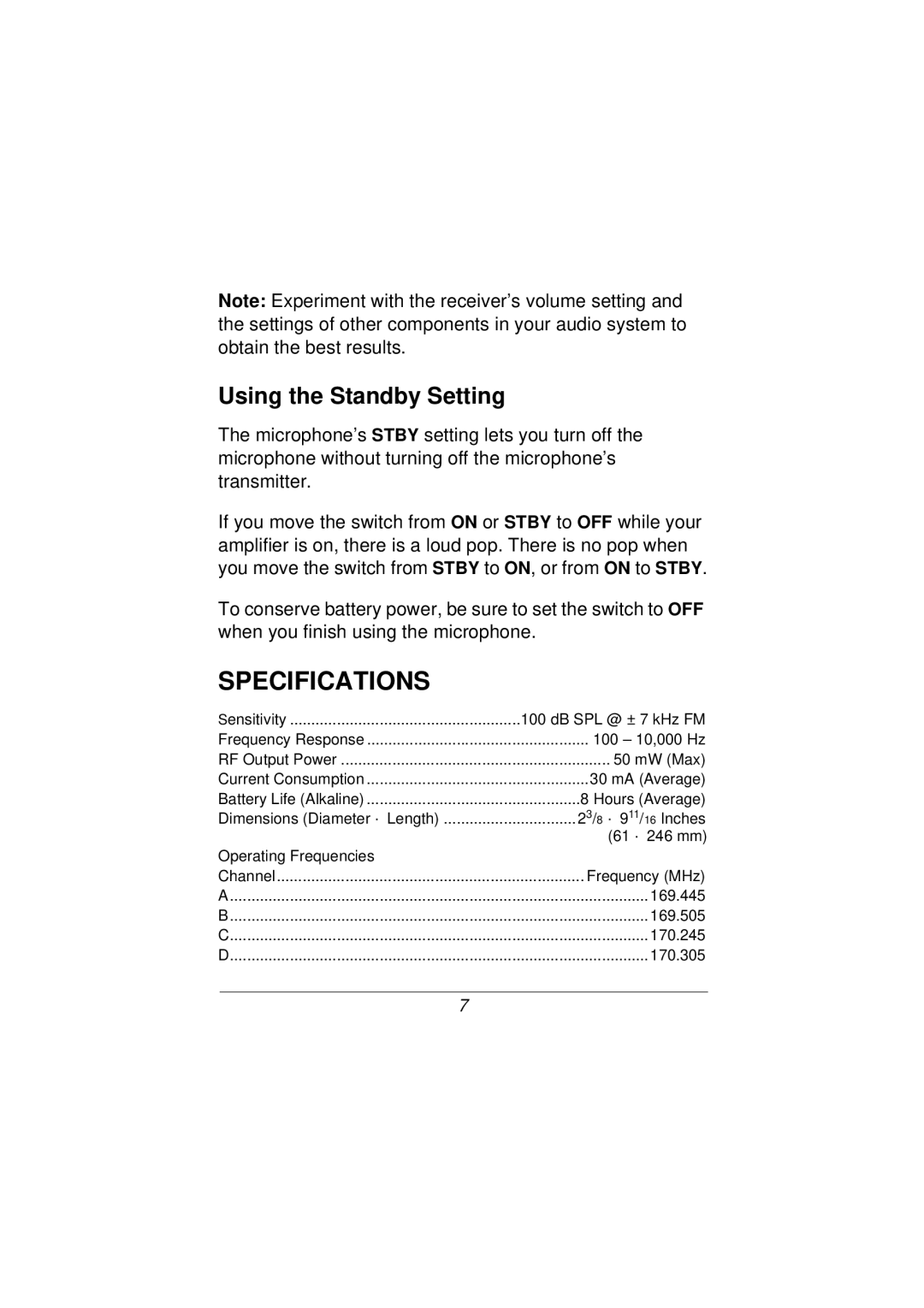 Radio Shack 32-1230A specifications Specifications, Using the Standby Setting 