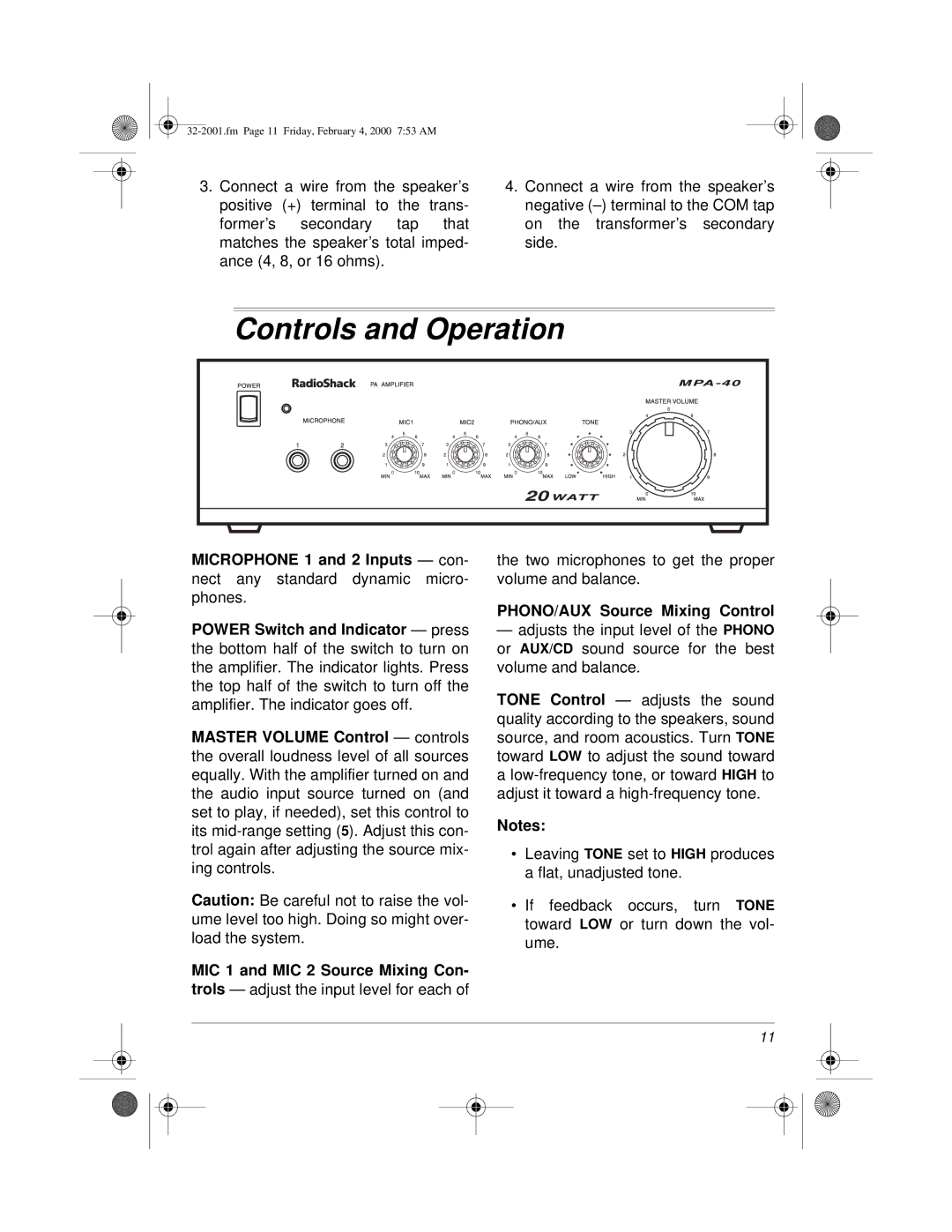 Radio Shack 811081640B, 32-2001, MPA-40 owner manual Controls and Operation, PHONO/AUX Source Mixing Control 