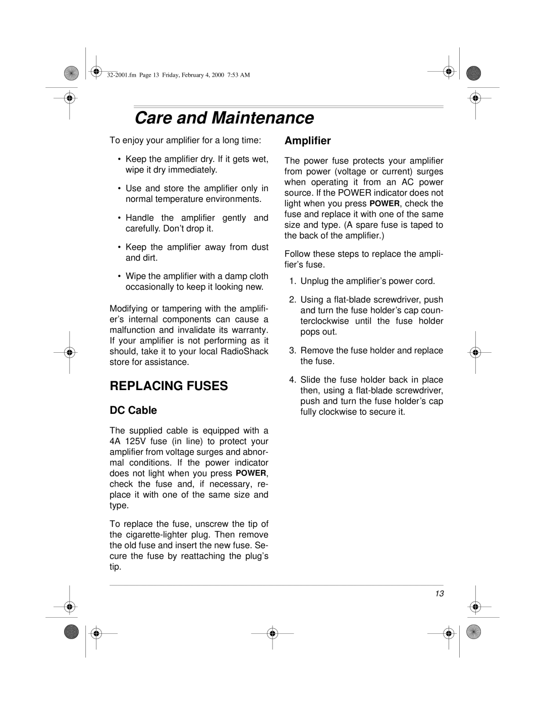 Radio Shack MPA-40, 32-2001, 811081640B owner manual Care and Maintenance, Replacing Fuses 