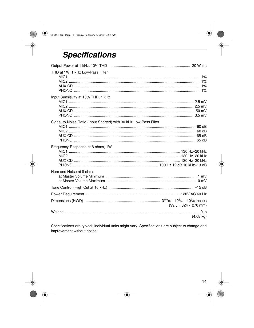 Radio Shack 811081640B, 32-2001, MPA-40 owner manual Specifications, Phono 