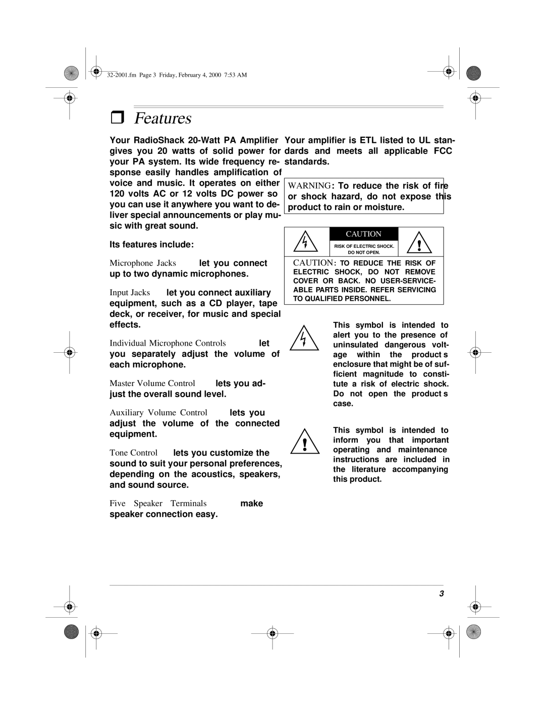 Radio Shack 32-2001, MPA-40, 811081640B owner manual Features, Five Speaker Terminals make 