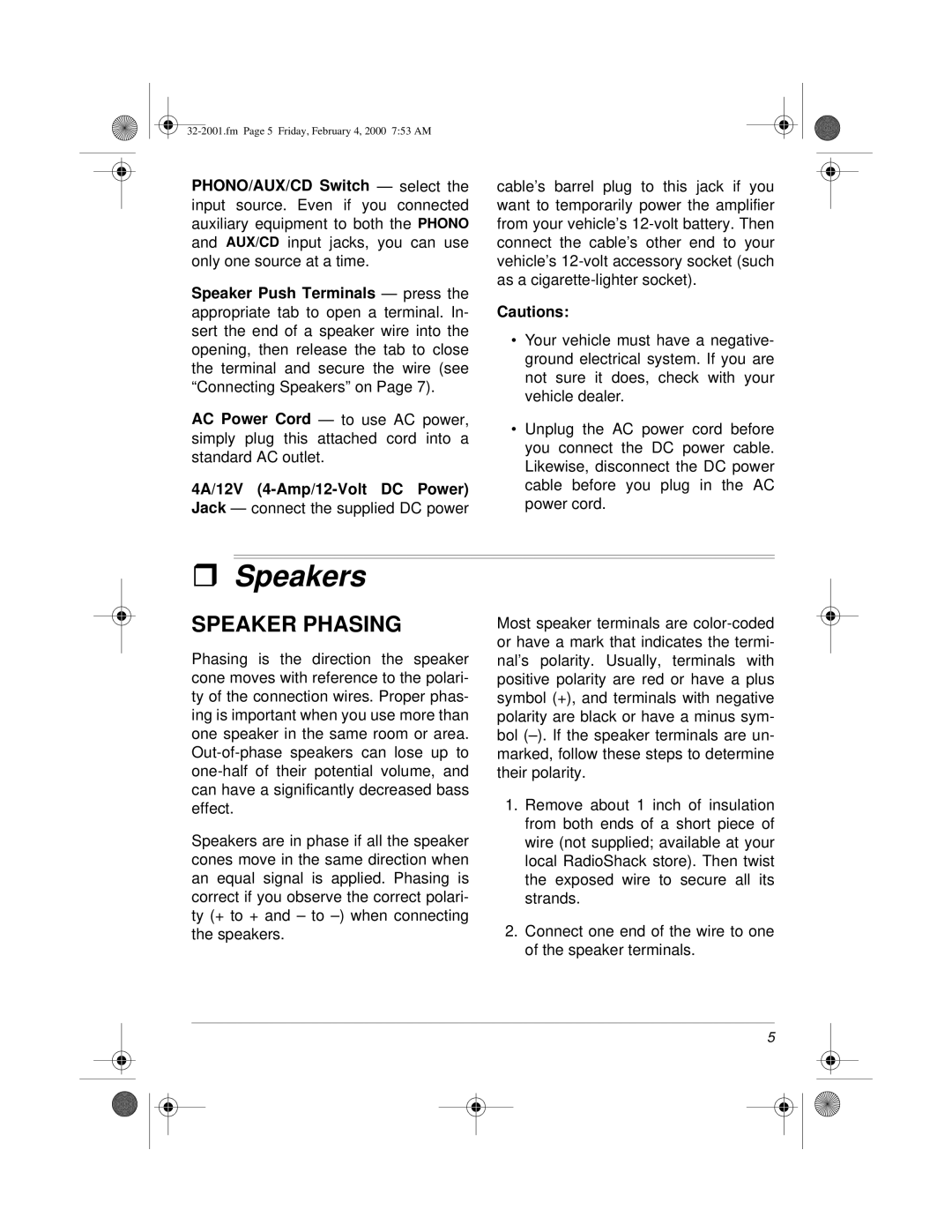 Radio Shack 811081640B, 32-2001, MPA-40 owner manual Speakers, Speaker Phasing 