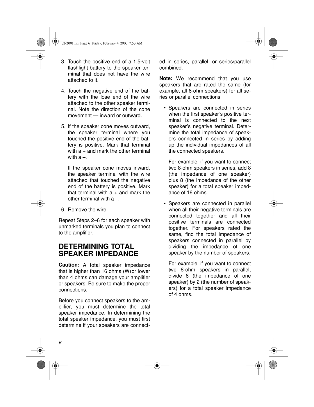 Radio Shack 32-2001, MPA-40, 811081640B owner manual Determining Total Speaker Impedance 