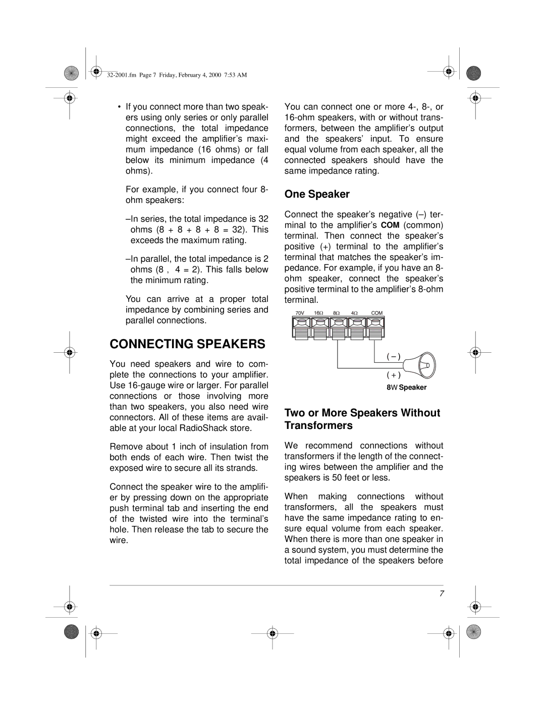 Radio Shack MPA-40, 32-2001, 811081640B owner manual Connecting Speakers, One Speaker 