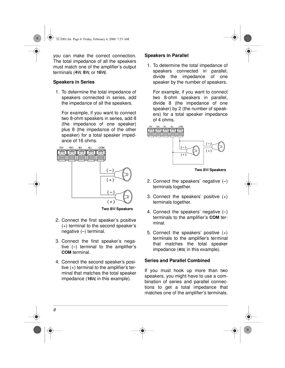 Radio Shack 811081640B, 32-2001, MPA-40 owner manual Speakers in Series 