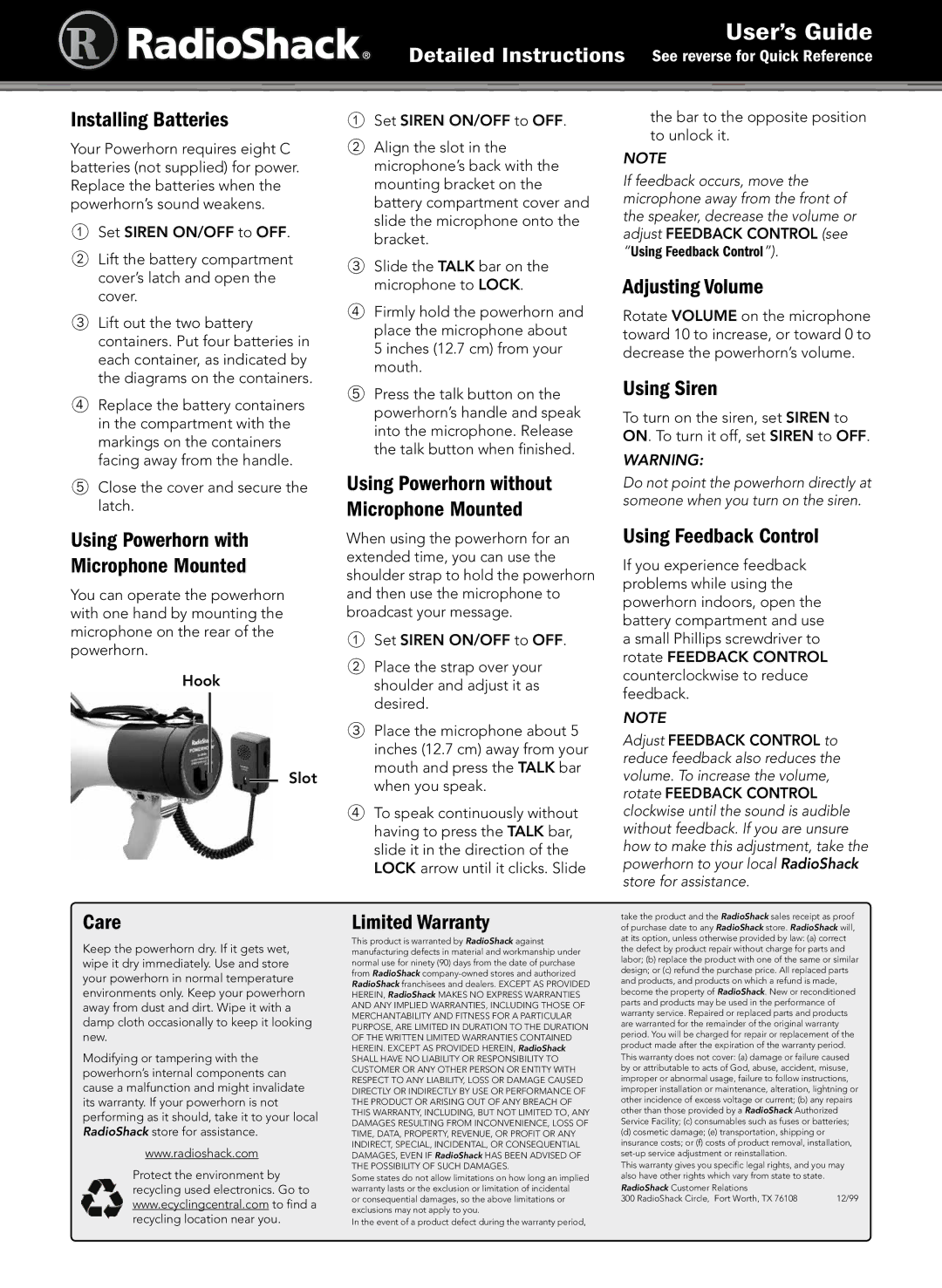 Radio Shack 32-2038 Installing Batteries, Using Powerhorn with Microphone Mounted, Care, Limited Warranty, Using Siren 