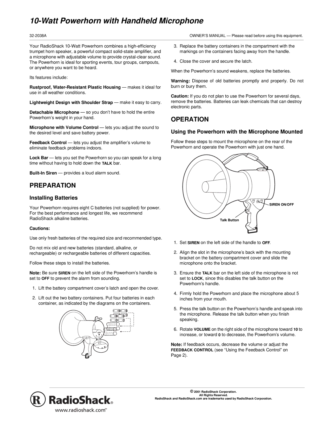 Radio Shack 32-2038A owner manual Preparation, Operation, Installing Batteries 