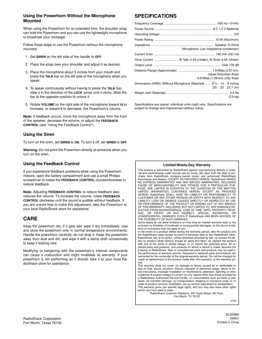 Radio Shack 32-2038A owner manual Care, Specifications, Using the Powerhorn Without the Microphone Mounted, Using the Siren 