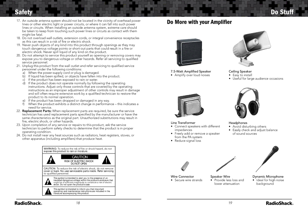 Radio Shack 32-2054 manual Do More with your Ampliﬁer, Safety Do Stuff 