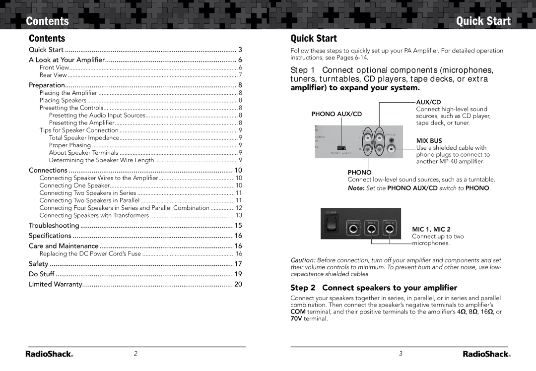 Radio Shack 32-2054 manual Contents, Quick Start 