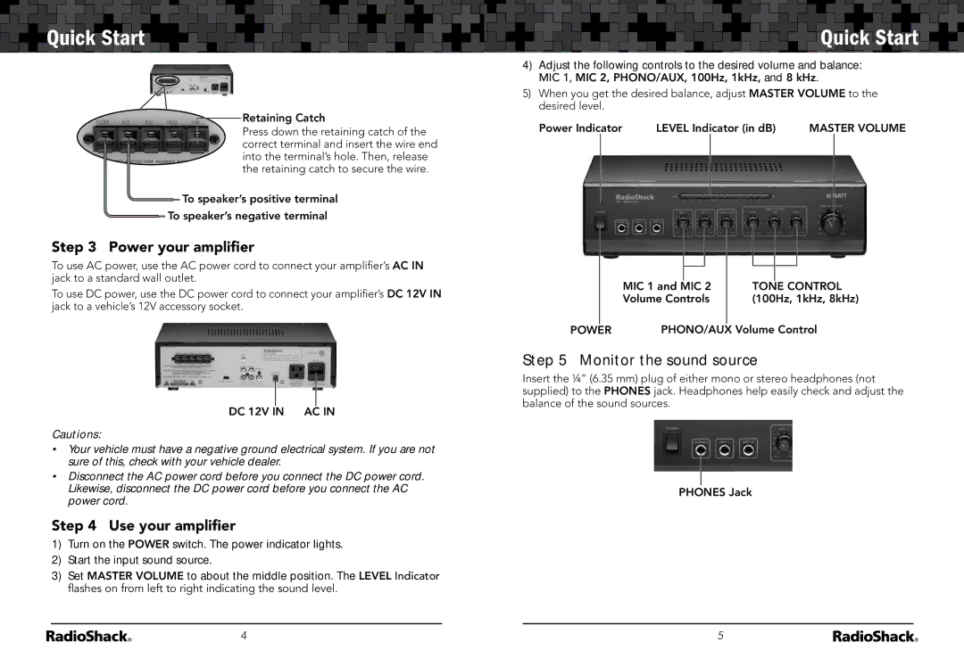 Radio Shack 32-2054 manual DC 12V in AC, Master Volume, Tone Control, Power 