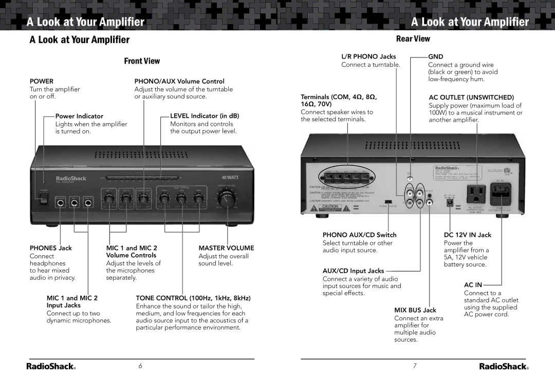 Radio Shack 32-2054 manual Look at Your Ampliﬁer, Rear View Front View, Gnd, AC Outlet Unswitched 