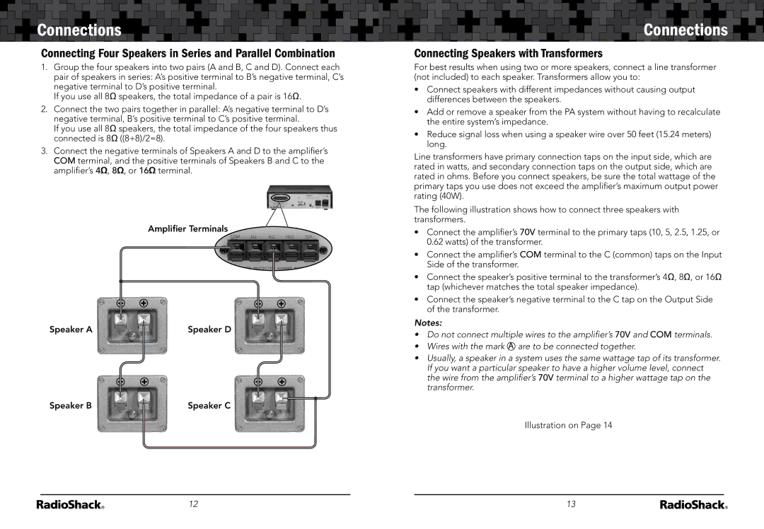 Radio Shack 32-2054 Connecting Four Speakers in Series and Parallel Combination, Connecting Speakers with Transformers 