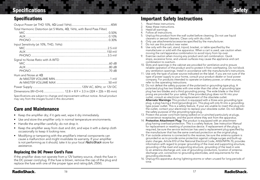 Radio Shack 32-2054 manual Speciﬁcations, Safety, Care and Maintenance, Replacing the DC Power Cord’s Fuse 