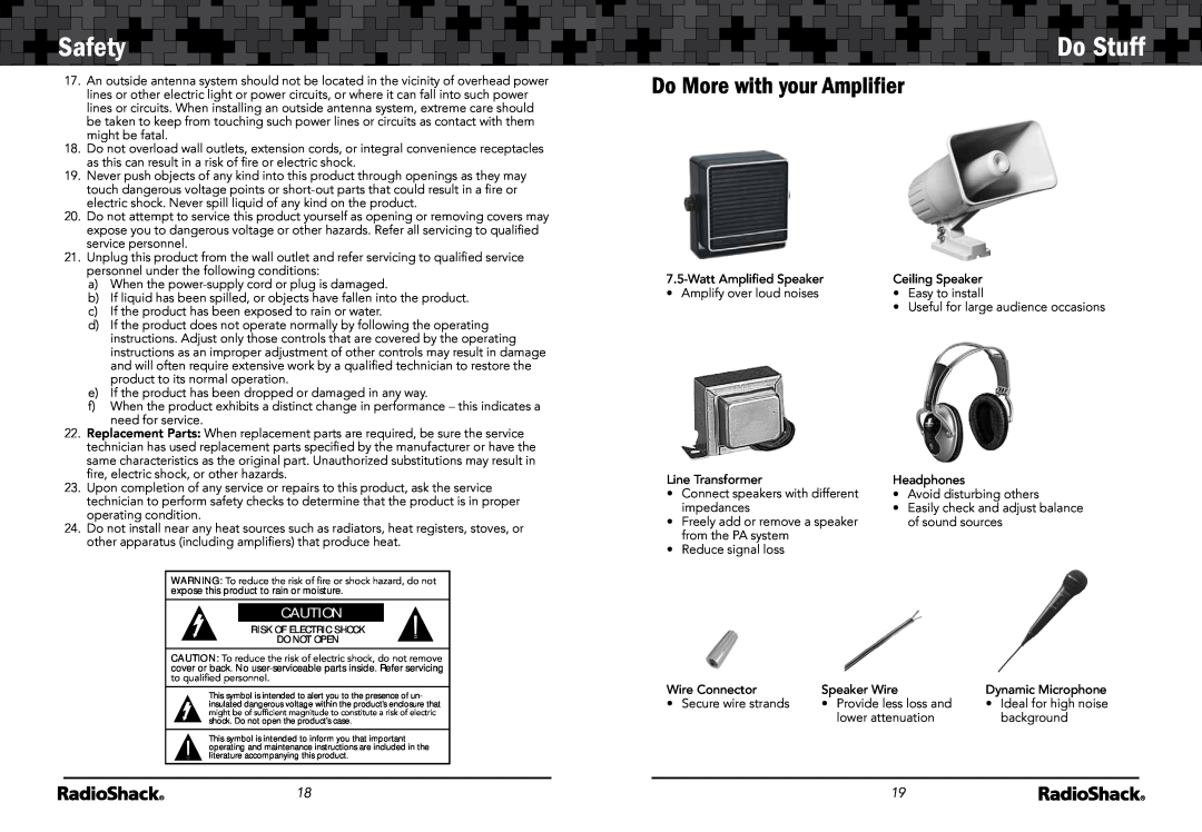 Radio Shack 32-2054 manual Do More with your Ampliﬁer, SafetyDo Stuff 