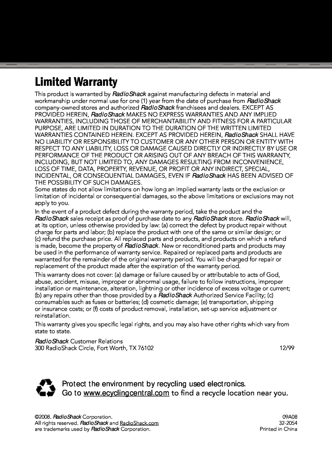 Radio Shack 32-2054 manual Limited Warranty 