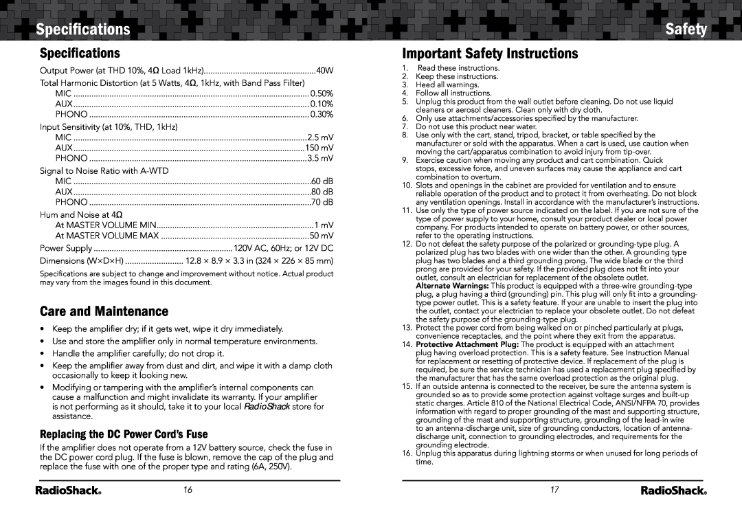 Radio Shack 32-2054 manual Speciﬁcations, Safety, Care and Maintenance, Replacing the DC Power Cord’s Fuse 
