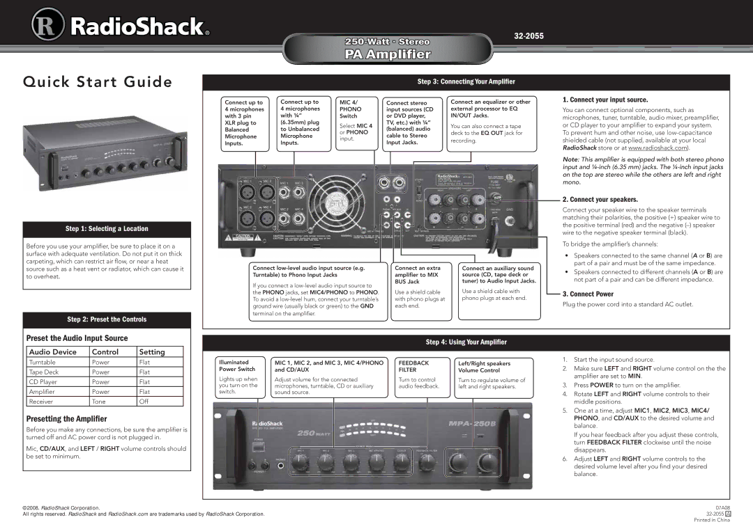 Radio Shack 32-2055 quick start Preset the Audio Input Source, Presetting the Ampliﬁer 