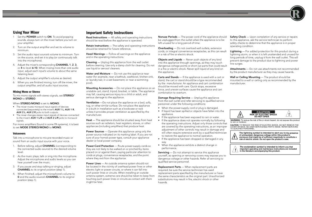 Radio Shack 32-2056 specifications Using Your Mixer, Important Safety Instructions, Mixing Mono or Stereo, Voiceovers 