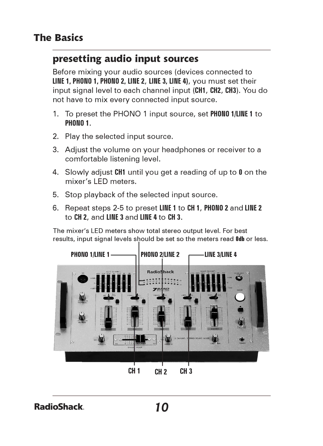 Radio Shack 32-2057 quick start Basics Presetting audio input sources 