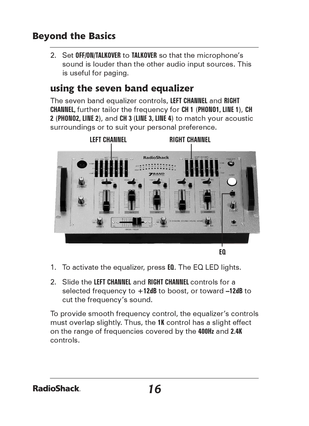 Radio Shack 32-2057 quick start Using the seven band equalizer, Left Channel 