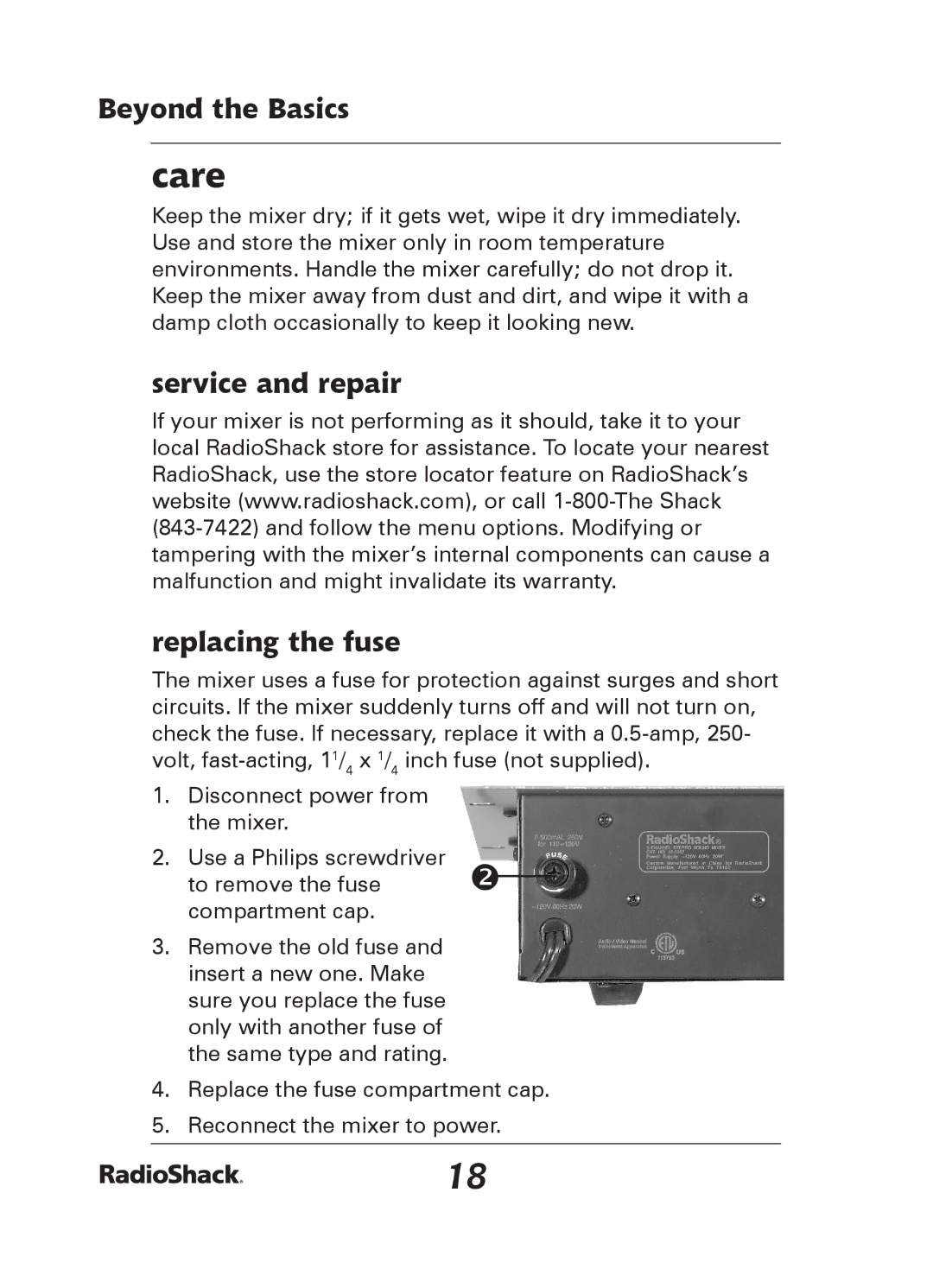 Radio Shack 32-2057 quick start Care, Service and repair Replacing the fuse 