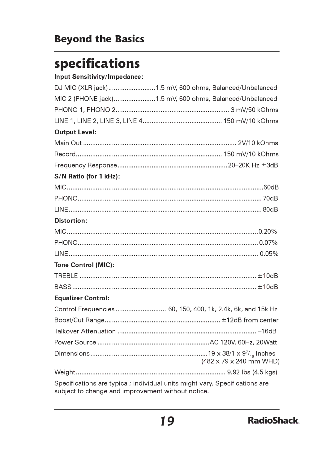 Radio Shack 32-2057 quick start Speciﬁcations, Input Sensitivity/Impedance 