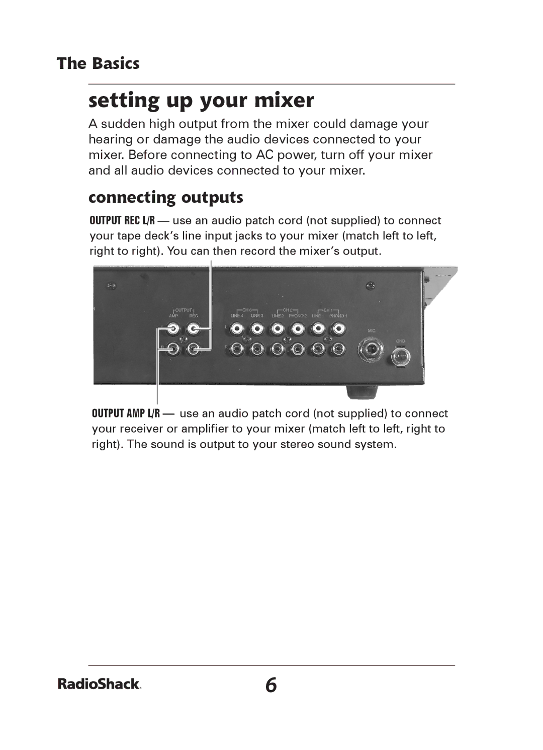 Radio Shack 32-2057 quick start Setting up your mixer, Connecting outputs 