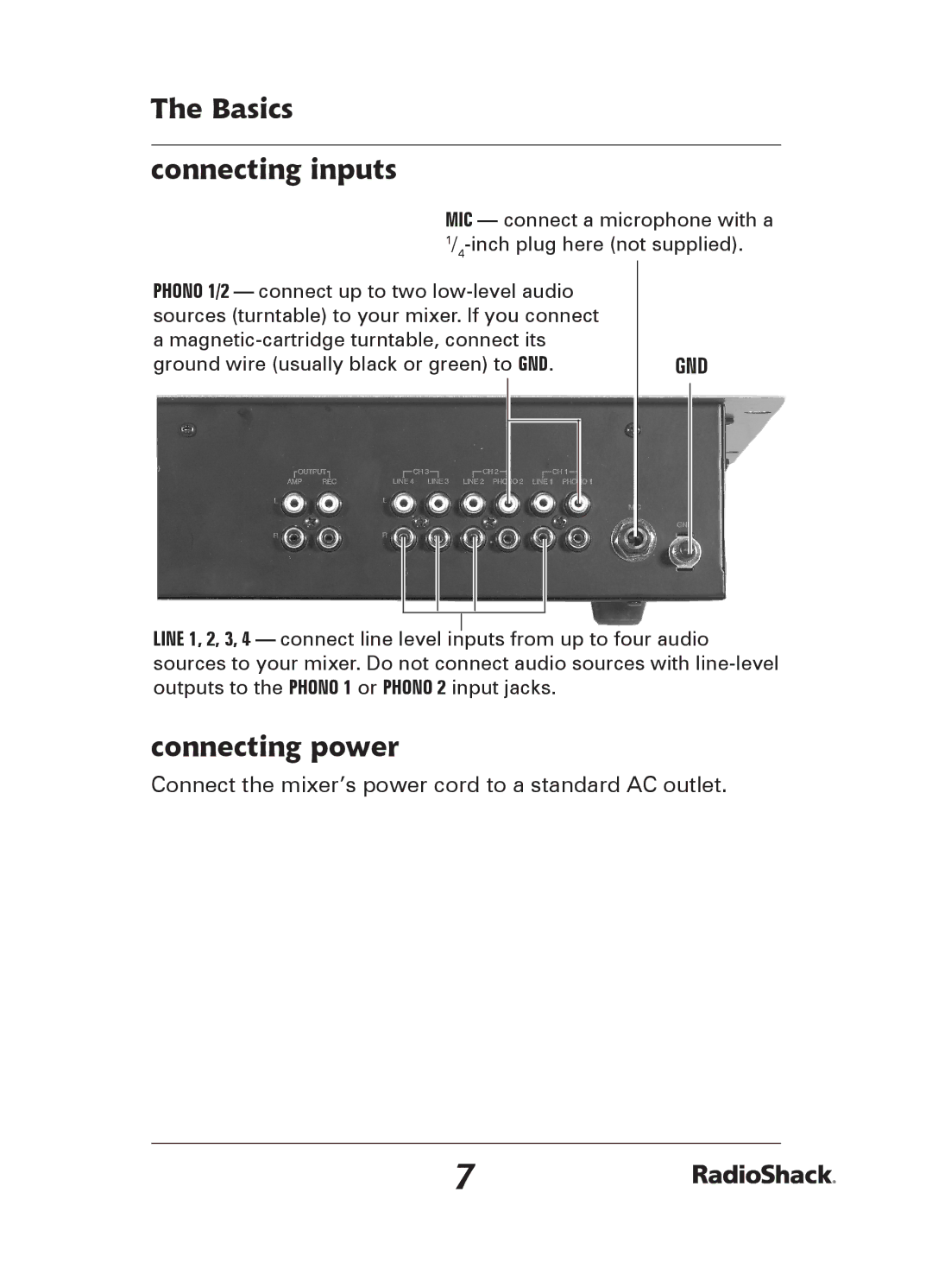 Radio Shack 32-2057 quick start Basics Connecting inputs, Connecting power 