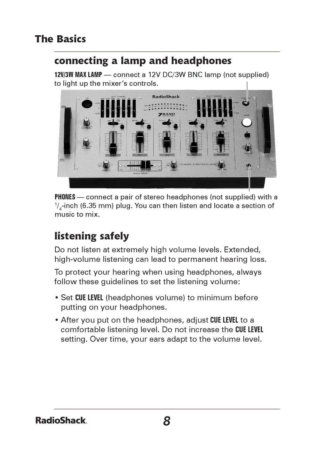 Radio Shack 32-2057 quick start Basics Connecting a lamp and headphones, Listening safely 