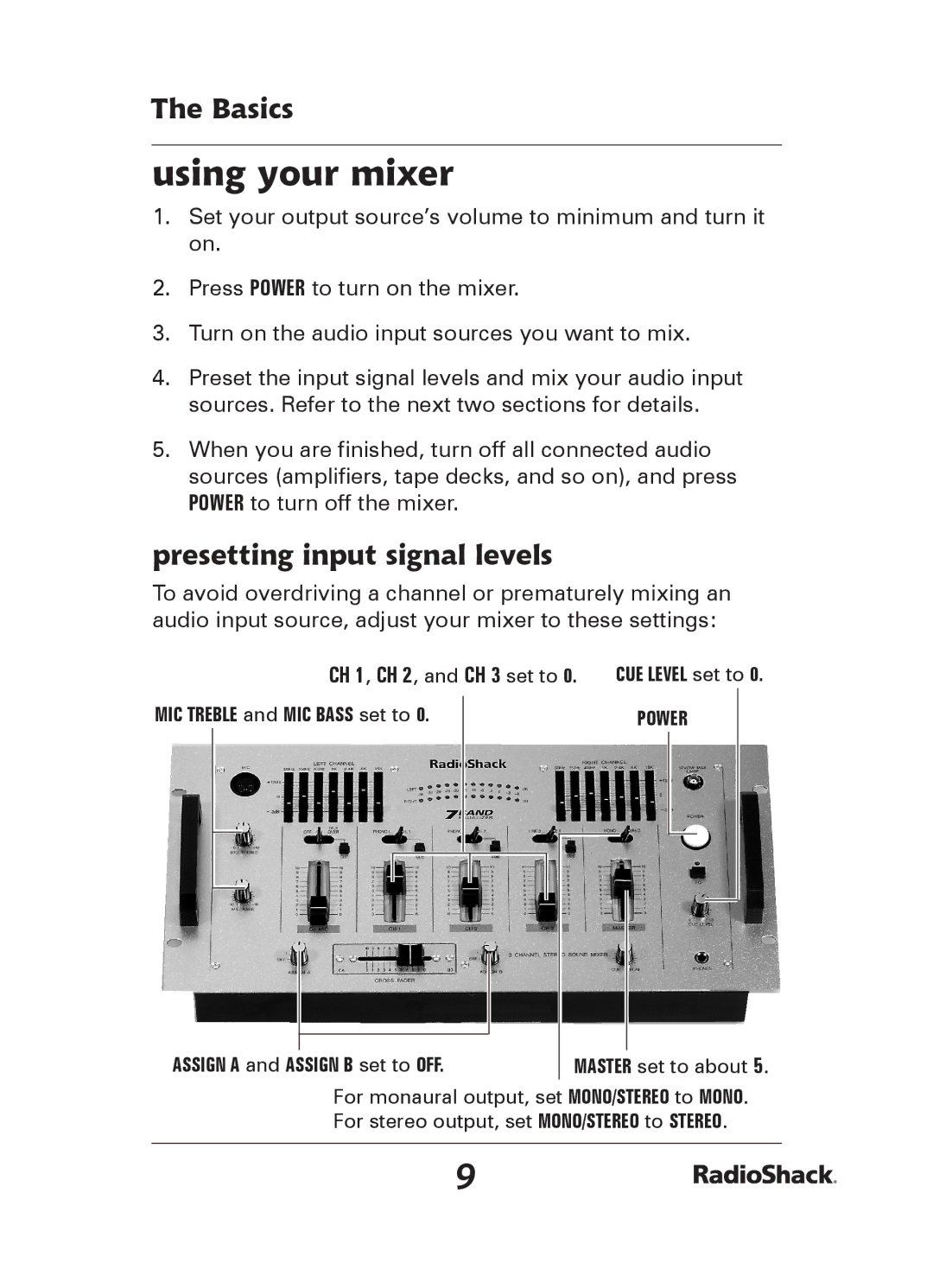 Radio Shack 32-2057 quick start Using your mixer, Presetting input signal levels 