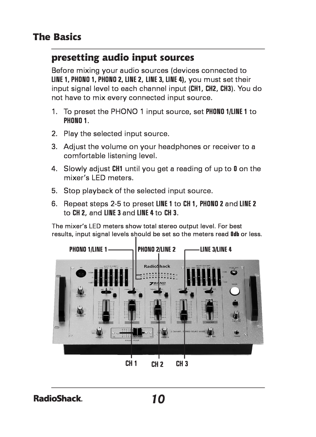 Radio Shack 32-2057 quick start The Basics presetting audio input sources 