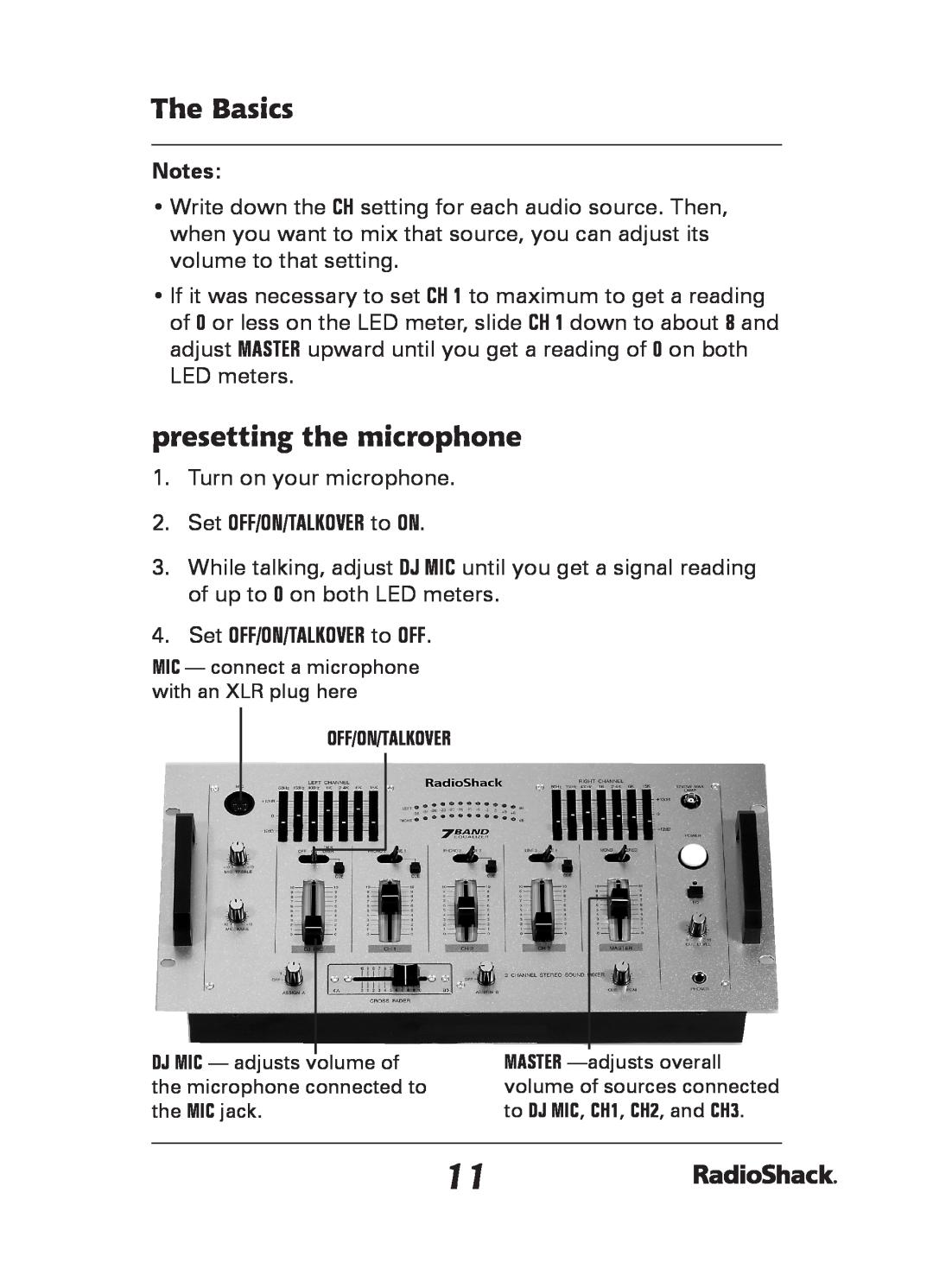 Radio Shack 32-2057 presetting the microphone, Set OFF/ON/TALKOVER to ON, Set OFF/ON/TALKOVER to OFF, The Basics 