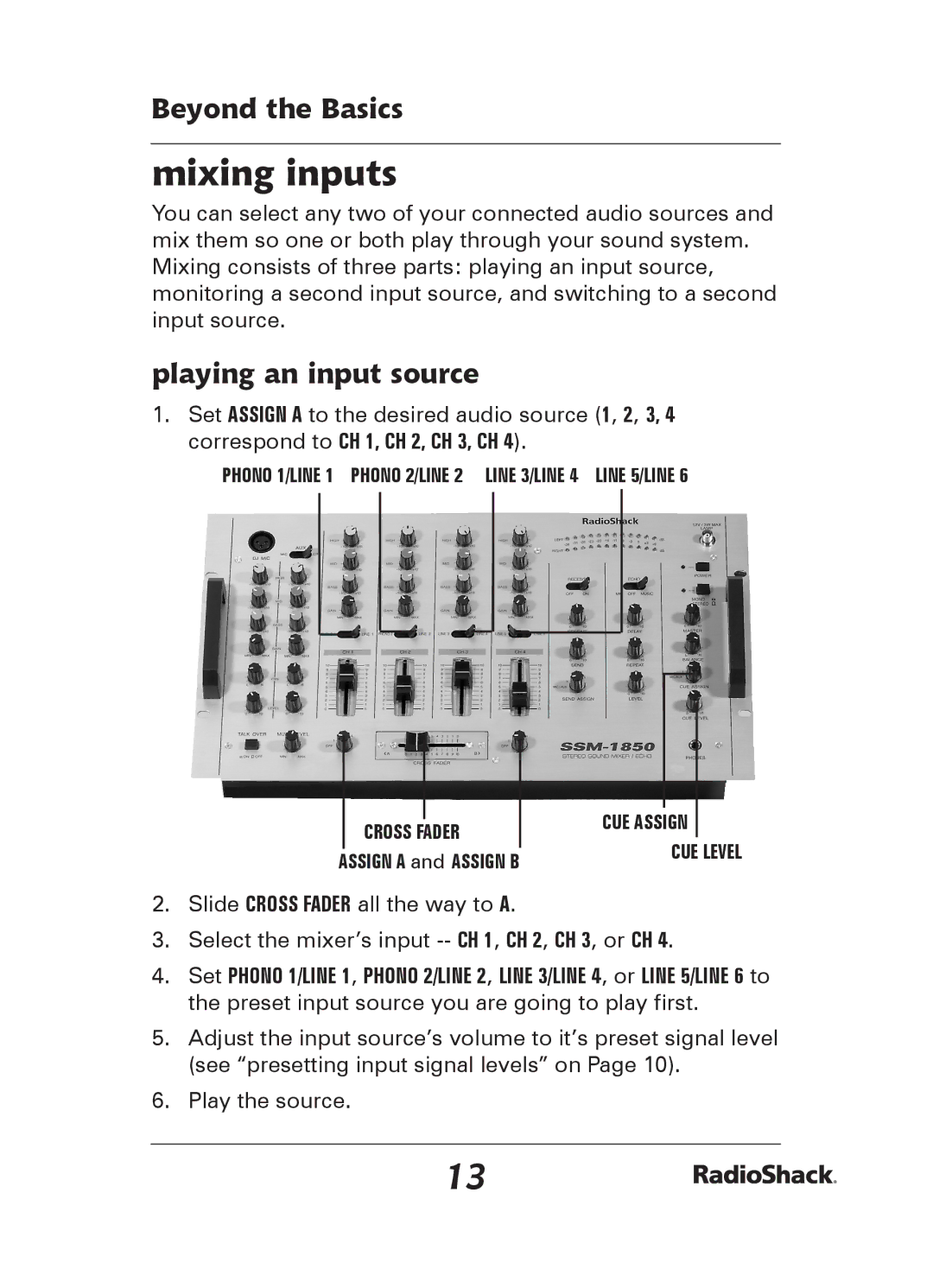 Radio Shack 32-2058 quick start Mixing inputs, Beyond the Basics, Playing an input source 