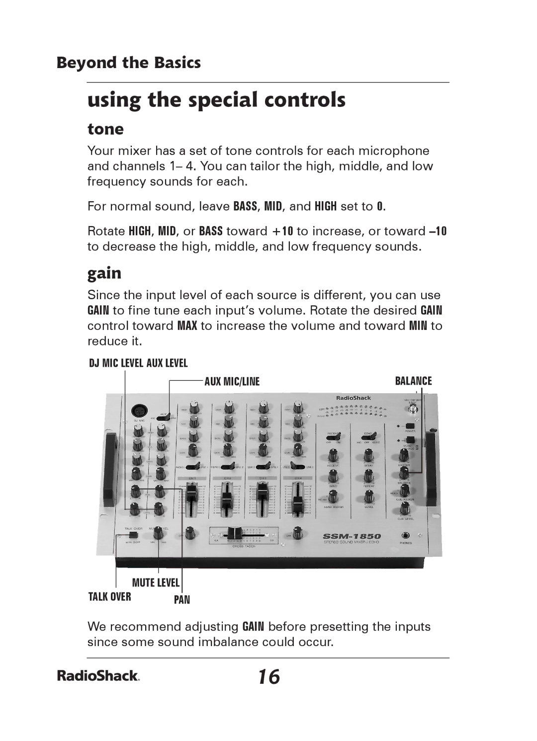 Radio Shack 32-2058 quick start Using the special controls, Tone, Gain 