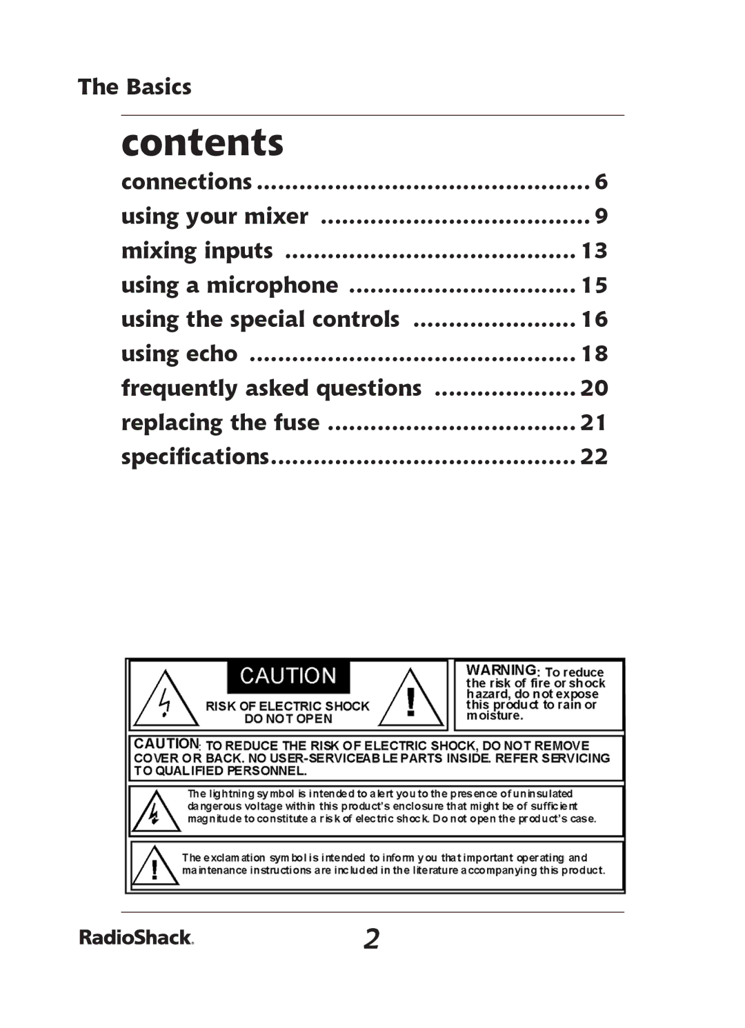 Radio Shack 32-2058 quick start Contents 