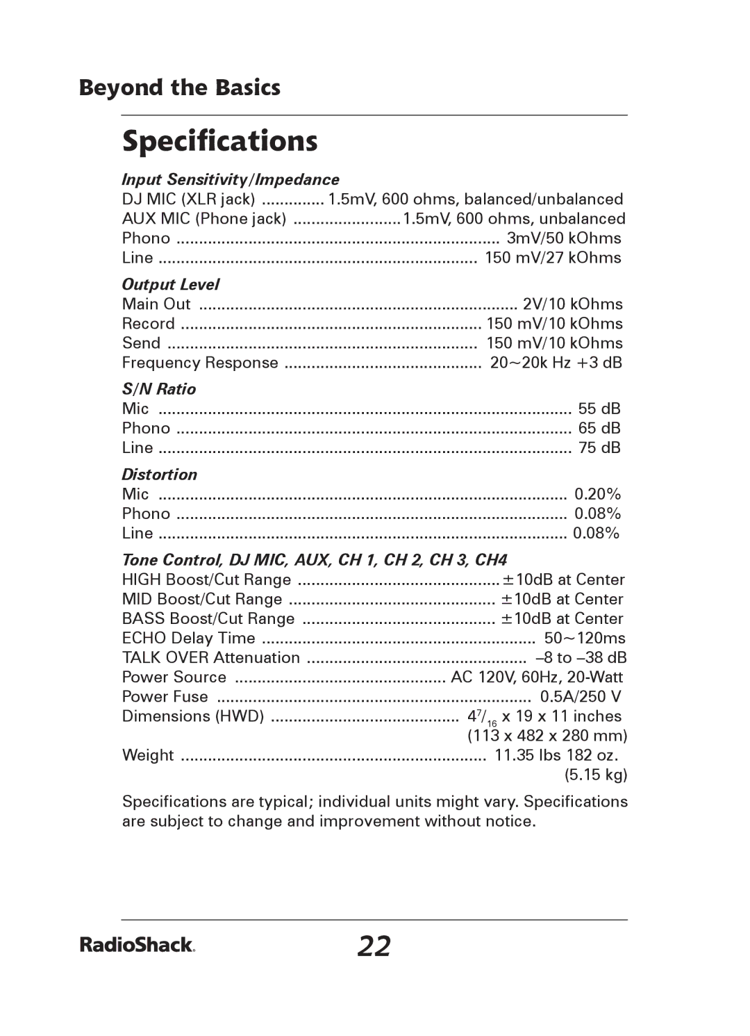 Radio Shack 32-2058 quick start Speciﬁcations, Input Sensitivity/Impedance 