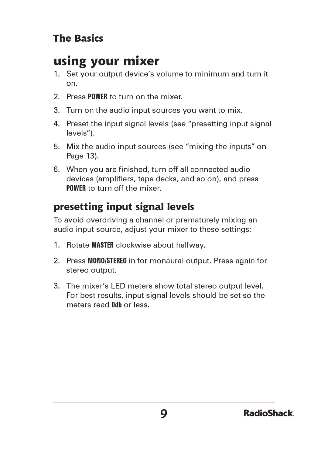 Radio Shack 32-2058 quick start Using your mixer, Presetting input signal levels 