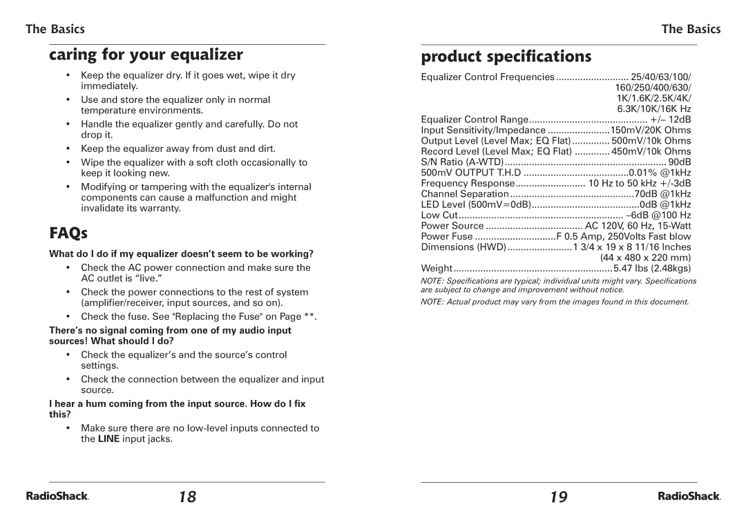 Radio Shack 32-2059 quick start Caring for your equalizer, FAQs, Product speciﬁcations 