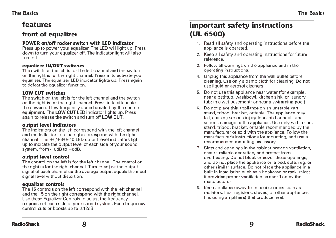 Radio Shack 32-2059 quick start Important safety instructions UL, Front of equalizer 