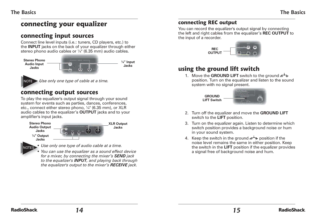 Radio Shack 32-2059 quick start Connecting your equalizer, Connecting input sources, Connecting output sources 