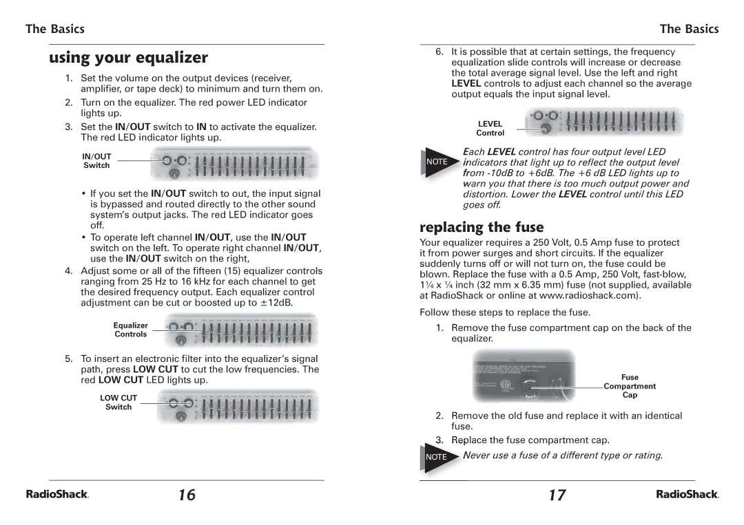 Radio Shack 32-2059 quick start Using your equalizer, Replacing the fuse 