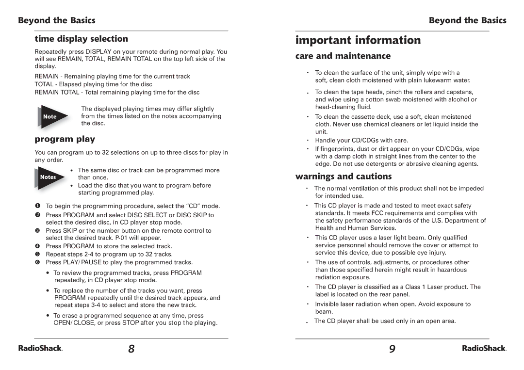 Radio Shack 32-3043 Important information, Beyond the Basics Time display selection, Program play, Care and maintenance 