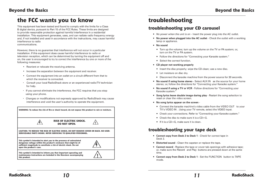 Radio Shack 32-3043 manual FCC wants you to know, Troubleshooting your CD carousel, Troubleshooting your tape deck 