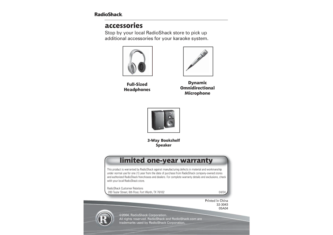 Radio Shack 32-3043 manual Accessories, Full-SizedDynamic HeadphonesOmnidirectional Microphone 