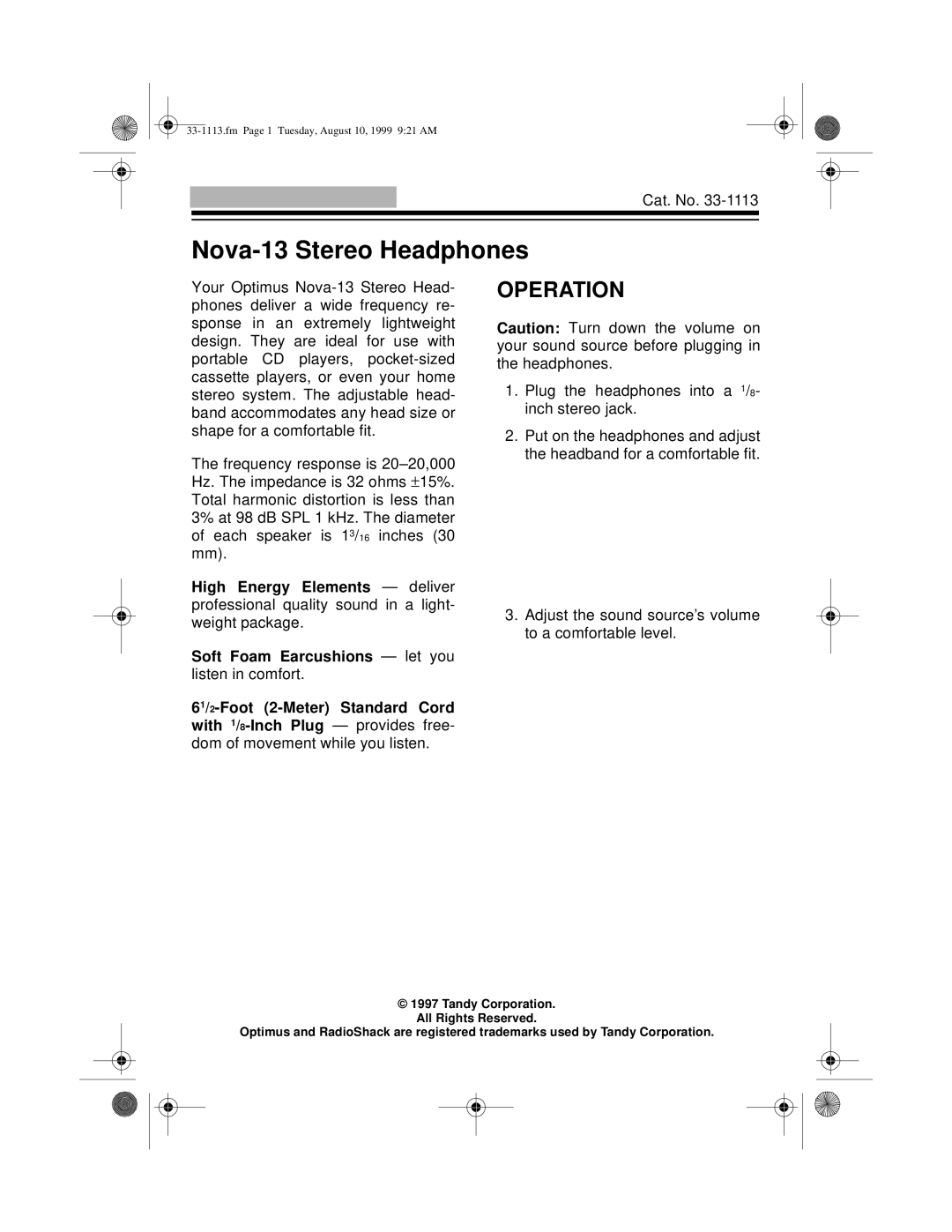 Radio Shack 33-1113 manual Nova-13 Stereo Headphones, Operation 