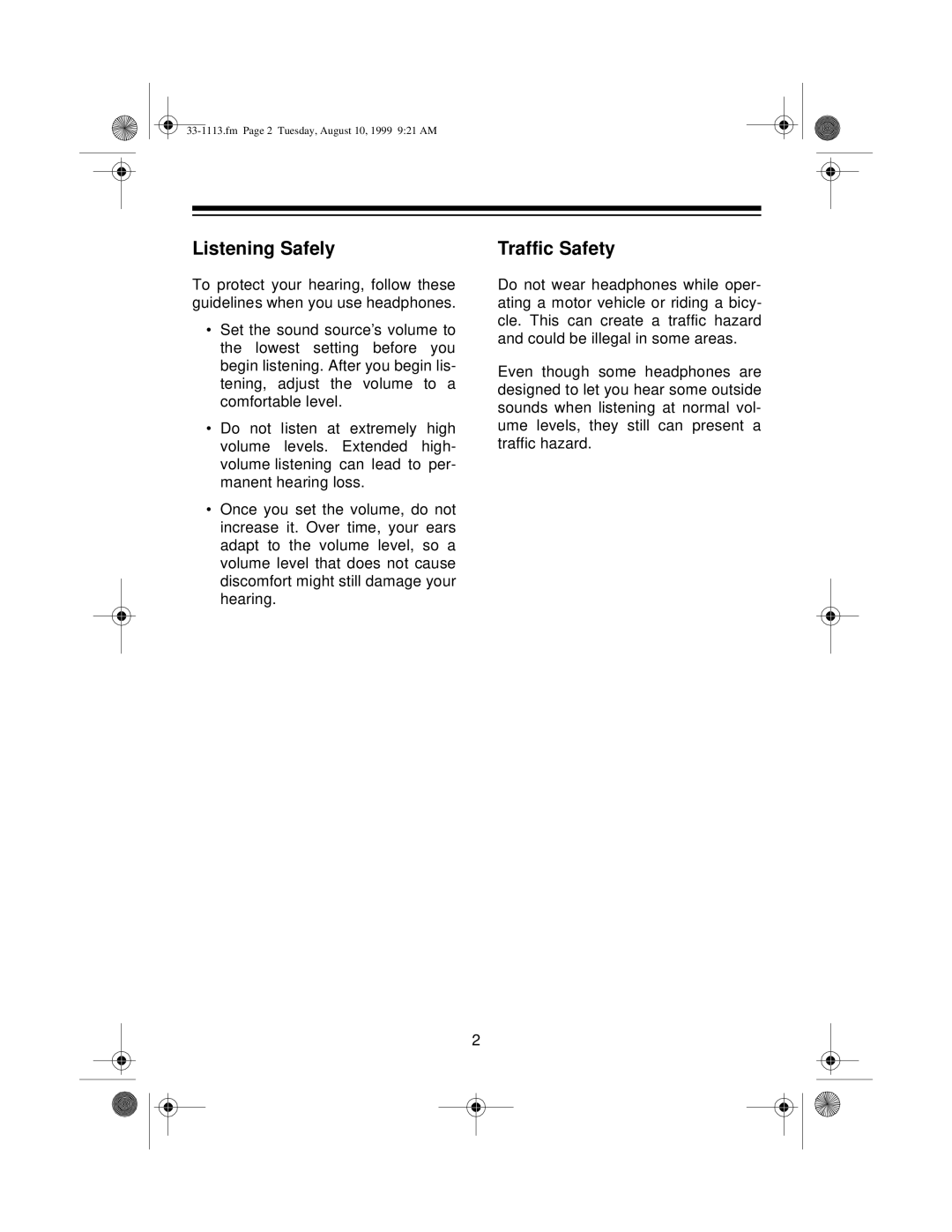 Radio Shack 33-1113 manual Listening Safely 