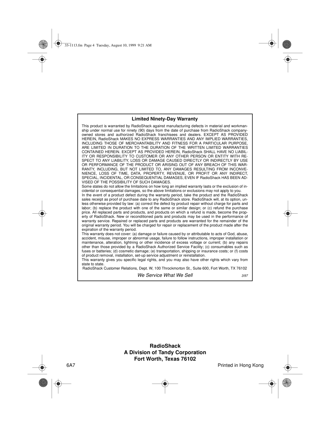 Radio Shack 33-1113 manual RadioShack Division of Tandy Corporation Fort Worth, Texas 